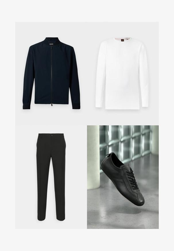 Marine bomberjakke lavet af glat stof, med lynlås foran, opretstående krave og ribbede manchetter, med et minimalistisk design.; Langærmet hvid T-shirt lavet af tekstureret materiale, med rund halsudskæring og et diskret præget logo i midten.; Sorte skræddersyede bukser med lige snit, der har en enkelt knaplukning og bæltestropper. Glat, mat stof uden mønstre.; Sort læder sneakers med snørebånd svævende over en poleret betongulv ved siden af en glasstensvæg i et minimalistisk miljø.