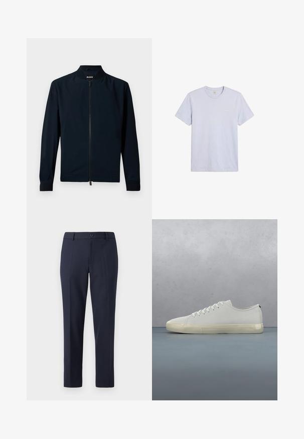 Marine bomberjack gemaakt van gladde stof, met een rits aan de voorkant, staande kraag en geribbelde manchetten, in een minimalistisch ontwerp.; Effen lichtgrijs T-shirt met korte mouwen en ronde hals, met klein wit Calvin Klein-logo op de linkerborst.; Marineblauwe broek van gladde stof, met een rechte snit, riemlussen en een enkele knoopsluiting in de taille.; Witte leren sneaker met veters zwevend boven vierkante houten tegels en kleine stenen, met een boom en een grijze achtergrond.