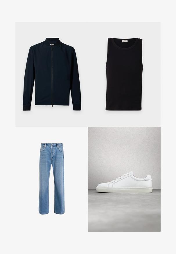 Marine bomberjakke lavet af glat stof, med lynlås foran, opretstående krave og ribbede manchetter, med et minimalistisk design.; Sort sansædet tanktop lavet af blød bomuld. Har en rund halsudskæring og lige pasform, med minimal syningdetalje.; Lyseblå denim jeans med lige ben-design, fem lommer, knaplukning, minimal falming og kontraststingdetaljer.; Hvide sneakers med en glat læderoverdel og lav profil. Har en rund tå, seks snørehuller og en tekstureret gummisål.