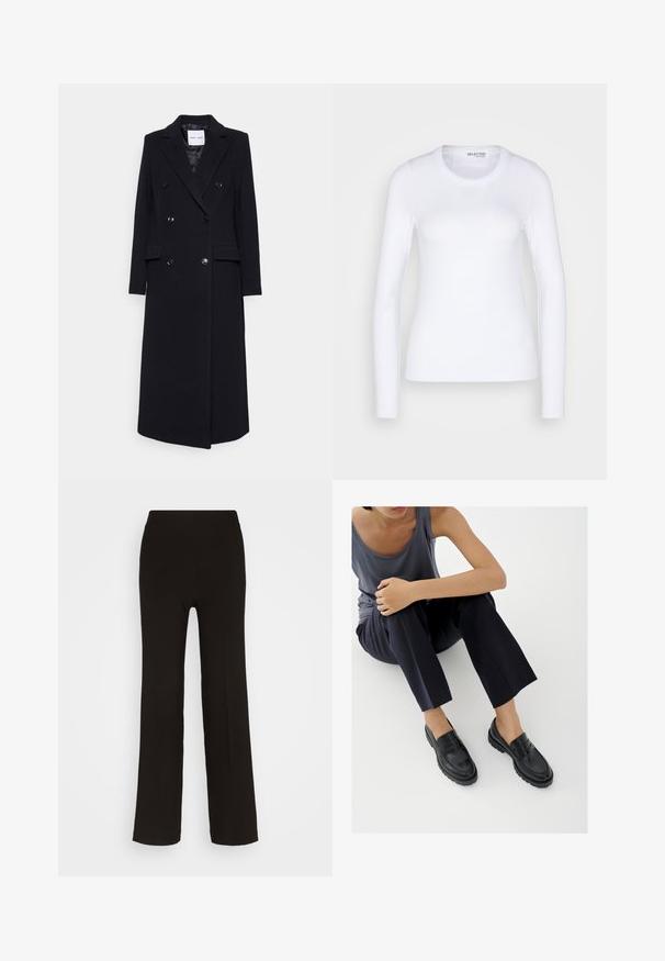 Samsøe Samsøe COAT - Manteau classique - black; Selected SLFDIANNA O NECK - T-shirt à manches longues - bright white; Pantalons noirs à jambes larges en tissu lisse, dotés d'une taille haute ajustée et sans matériel ni motifs visibles.; Mocassins en cuir noir avec accents texturés, talon bas, bout arrondi, et coutures visibles. Modèle portant un pantalon sombre et un haut gris.