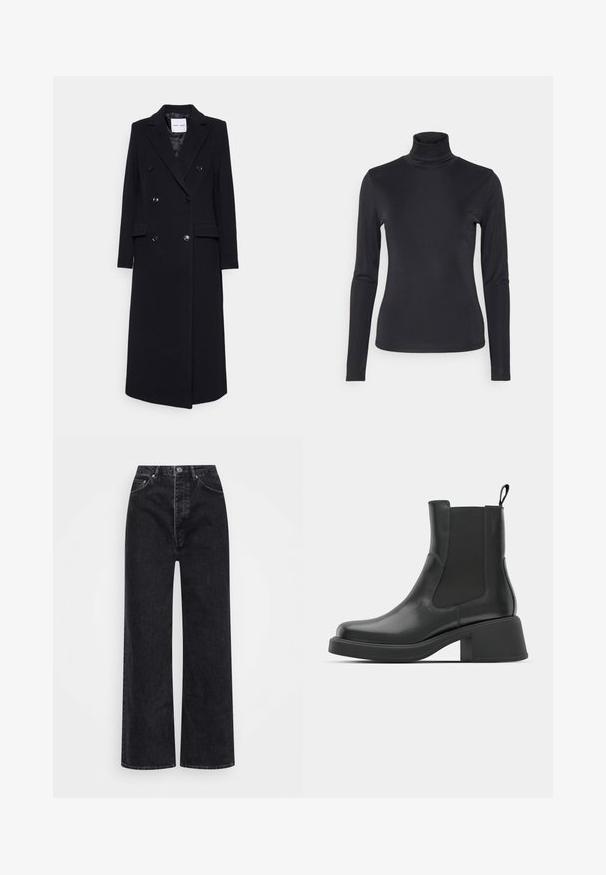 Samsøe Samsøe COAT - Manteau classique - black; Haut noir à col roulé à manches longues en tissu lisse et extensible. Présente une coupe ajustée et un col haut. Style minimaliste, sans motifs visibles.; Jean large noir en denim, avec une taille haute, un design à cinq poches et une fermeture éclair avec bouton.; Bottines en cuir noir avec des panneaux élastiques sur les côtés, un bout rond et un talon épais. Texture lisse avec un design minimaliste.