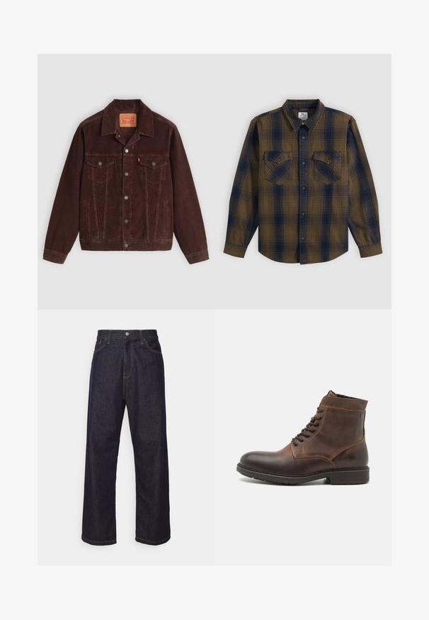 Veste en velours côtelé marron avec un col pointu, deux poches poitrine, des poches latérales et des boutons-pression sur le devant. Tissu texturé avec un motif côtelé.; Chemise boutonnée à manches longues avec motif à carreaux marron et bleu marine et deux poches poitrine boutonnées, posée à plat sur fond blanc.; Jean en denim droit bleu foncé avec des coutures jaunes, bouton frontal, fermeture éclair, et cinq poches.; Jack & Jones JFWDELANEY BOOT - Bottines à lacets - cognac