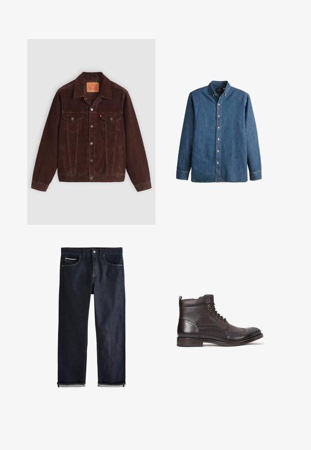 Bruine corduroy jas met een puntige kraag, twee borstzakken, zijzakken en drukknopen aan de voorkant. Textiel met een geribbelde structuur.; Denim overhemd met knopen in middelblauwe kleur, met lange mouwen, een puntkraag, witte knopen en een getailleerde pasvorm met subtiele geborduurde logo.; Donkerblauwe spijkerbroek met opgerolde pijpen, knoop- en ritssluiting, voor- en muntzakken en contrasterende stiksels op een witte achtergrond.; Donkerbruine leren enkelboot met wingtip-design, ronde neus, subtiele brogue-details, metalen veterogen en platte hak. Voorzien van een trekflap.