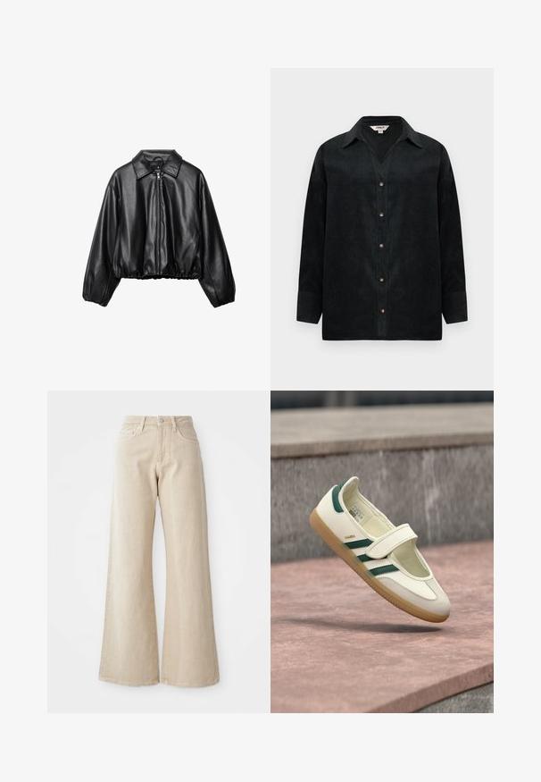 Veste en cuir noir ajustée avec un col, fermeture éclair sur le devant et ourlet élastiqué ; dispose de manches larges et rembourrées pour un ajustement décontracté.; Chemise en velours noir avec un col en V, manches longues, fermeture à boutons et texture subtile. Présente des boutons contrastants et une coupe décontractée.; Jean large beige en denim, avec une taille haute, des poches avant et un design uni sans motifs ni accents.; Chaussure en cuir blanc avec des rayures vertes, bout rond, fixée par une bride. Semelle en gomme, design minimaliste, surpiqûres en relief le long des bords supérieurs.