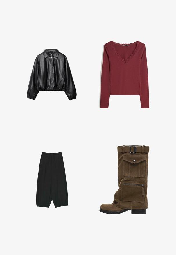 Veste en cuir noir ajustée avec un col, fermeture éclair sur le devant et ourlet élastiqué ; dispose de manches larges et rembourrées pour un ajustement décontracté.; Haut à manches longues bordeaux avec un décolleté en V, orné d'une dentelle festonnée. Tissu doux avec une coupe ajustée et des fentes sur les côtés à l'ourlet.; Pantalon large noir ample avec taille et poignets élastiqués, doté de poches latérales et d'une coupe décontractée.; Botte mi-mollet en daim marron avec sangle à boucle, poche à rabat avec bouton-pression et poche inférieure zippée sur semelle noire avec petit talon.