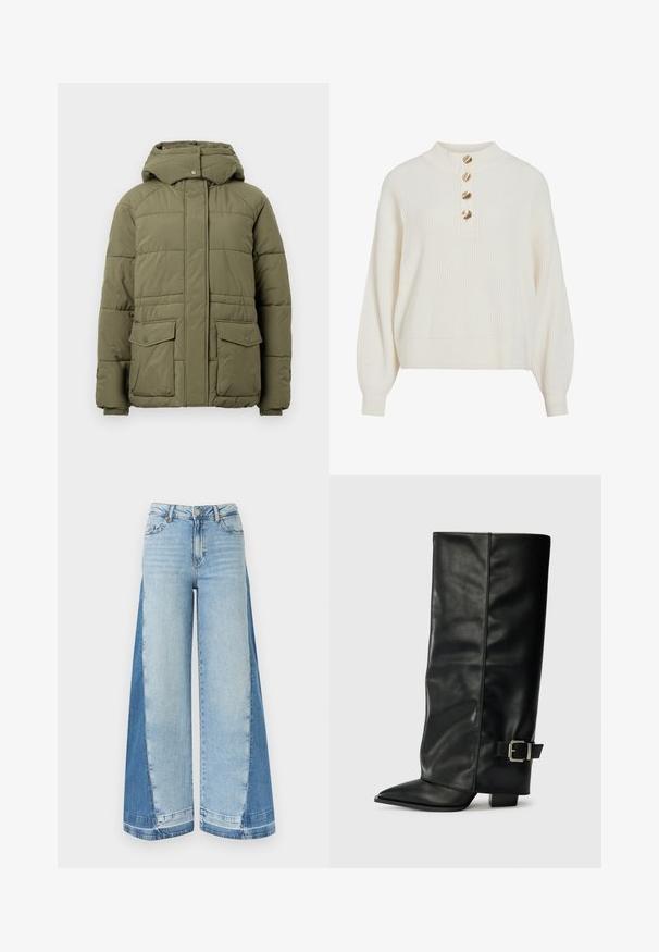 Veste matelassée couleur vert olive avec capuche, dotée d'une fermeture éclair à l'avant, de fermetures à pression et de deux grandes poches avant. Design matelassé texturé.; Pull en tricot côtelé crème avec des manches bouffantes et quatre boutons dorés en forme de coquillage sur le plastron haut du col.; Jean à jambe large avec des panneaux avant bleu clair et des panneaux latéraux bleu foncé, équipé d'une fermeture à bouton et fermeture éclair avec passants pour ceinture.; Bottes noires en cuir longueur cheville avec un bout pointu, texture lisse et une accent en boucle argentée sur le côté. Talon carré épais.