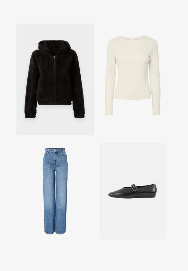 Sort fleece zip-up jakke med hætte, der har en blød tekstur, elastiske manchetter og et bånd i taljen for en tætsiddende pasform.; Cremefarvet, langærmet, tætsiddende kvindeskjorte med rund halsudskæring og glat tekstur, præsenteret på en hvid baggrund.; Blå denimjeans med højtaljet, lige ben, foran med knap- og lynlåslukning, bæltestropper samt lommer foran og bagpå.; Sorte læder flade sko med spidse tæer, prydet med en metallisk spænde over vristen og en lav, fleksibel sål.