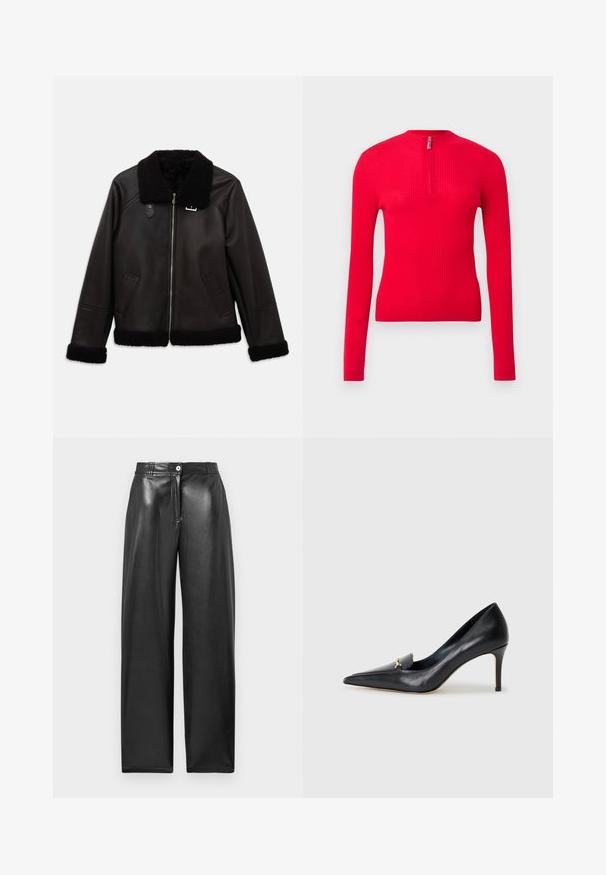 Chaqueta de cuero negro con cuello y puños de piel sintética. Presenta una cremallera frontal y bolsillos laterales. Textura suave con diseño minimalista.; Top rojo acanalado de manga larga y ajustado, con cuello alto y cierre corto con cremallera en la parte delantera. Textura suave y diseño estilizado.; Pantalones de pierna ancha negros hechos de material brillante. Presentan un cierre delantero con botón, un ligero brillo y líneas limpias sin patrones visibles.; Zapato de piel negra con punta afilada, escote bajo y un detalle decorativo dorado. Cuenta con un tacón de aguja y textura suave.