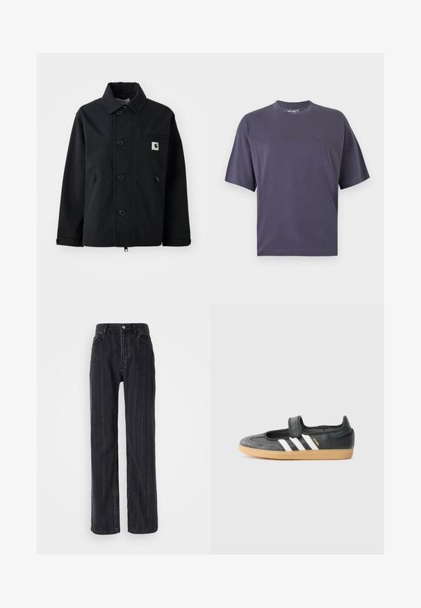 Veste noire en tissu robuste avec une coupe droite, dotée d'une fermeture à boutons, de poches latérales et d'une poche poitrine avec un écusson logo.; T-shirt uni gris foncé à manches courtes et col rond avec un petit logo discret sur la poitrine gauche et une coupe décontractée.; Jean en denim noir taille haute avec un motif rayé vertical, coupe droite et fermeture à bouton métallique à l'avant.; Sneaker en cuir noir et suède avec une sangle Velcro, arborant trois bandes blanches et une semelle en caoutchouc, étiqueté "SAMBA" sur le côté.