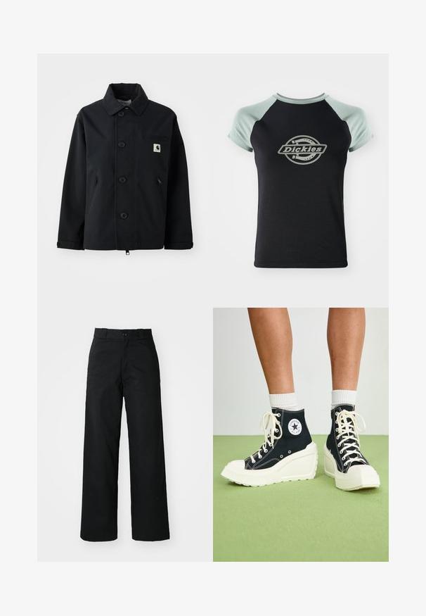 Veste noire en tissu robuste avec une coupe droite, dotée d'une fermeture à boutons, de poches latérales et d'une poche poitrine avec un écusson logo.; T-shirt noir avec des manches raglan vert clair. Présente un logo circulaire central avec le texte "Dickies" dans un design de corde. Texture de tissu douce.; Pantalons larges noirs avec un devant plat, une fermeture à bouton et des passants de ceinture. Fabriqués en tissu durable avec une texture lisse.; Baskets montantes noires avec une semelle plateforme blanche surélevée, dotées de lacets blancs et d'un logo arrondi sur le côté. Matériau en toile texturée.