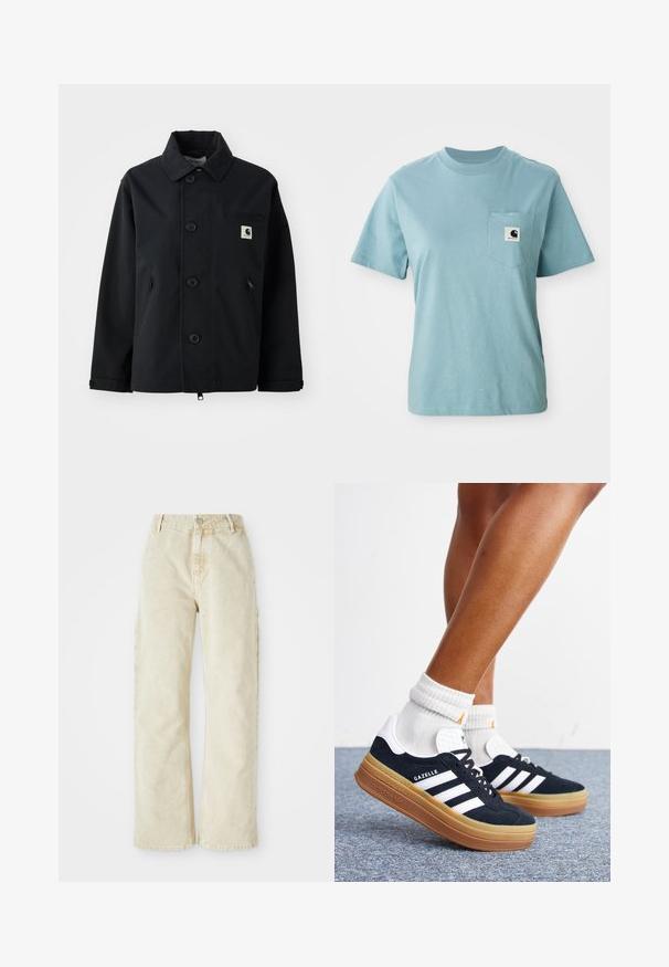 Chaqueta negra hecha de un tejido resistente con un corte recto, que presenta un cierre frontal de botones, bolsillos laterales y un bolsillo en el pecho con un parche de logo.; Camiseta de algodón de manga corta color azul claro con bolsillo en el pecho que presenta un pequeño parche del logotipo en blanco y negro de Carhartt.; Pantalones de mezclilla anchos de color beige con cintura alta, que cuentan con un cierre frontal de botón y cremallera, lazos para cinturón y bolsillos laterales. Textura suave.; Piernas con calcetines blancos y zapatillas Adidas Gazelle negras con rayas blancas y suelas marrones gruesas sobre un suelo alfombrado gris.