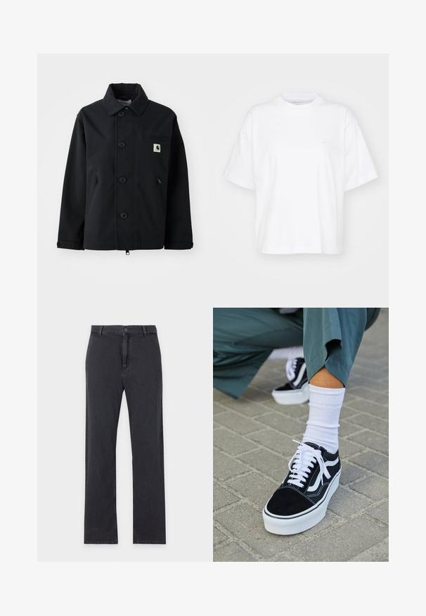 Chaqueta negra hecha de un tejido resistente con un corte recto, que presenta un cierre frontal de botones, bolsillos laterales y un bolsillo en el pecho con un parche de logo.; Camiseta de algodón blanca con cuello redondo, mangas cortas y un corte relajado. Presenta un logo sutil en el área del pecho izquierdo. Textura suave.; Vaqueros negros de pierna recta con cierre frontal de botón y cremallera, trabillas para cinturón y diseño clásico de cinco bolsillos, extendidos planos sobre fondo blanco.; Zapatillas de ante negro con acentos y cordones blancos, que cuentan con una gruesa suela blanca y costuras en contraste, combinadas con un calcetín blanco.