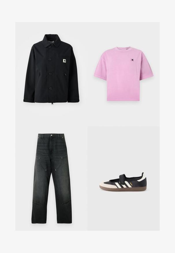 Chaqueta negra hecha de un tejido resistente con un corte recto, que presenta un cierre frontal de botones, bolsillos laterales y un bolsillo en el pecho con un parche de logo.; Camiseta de algodón rosa con mangas cortas, cuello redondo y un pequeño parche con logo en el área del pecho izquierdo. Textura suave y ajuste relajado.; Pantalones de mezclilla negra de pierna ancha con cintura alta, cierre de botones, trabillas para cinturón, bolsillos delanteros sobredimensionados con detalles de remaches.; Zapatilla negra y beige con una correa de velcro, tres rayas blancas en el lateral y una suela de goma marrón texturizada. Logotipo de la marca visible.