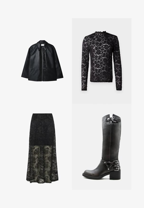 Sort læderjakke med lynlås foran, stor krave og to forlommer. Har en glat tekstur og struktureret design.; Sort langærmet gennemsigtig bluse i blonde med blomstertryk og høj halsudskæring med en lille flæsekant.; Sort blonde maxi nederdel med blomstermønster og gennemsigtig nederste halvdel. Elastisk talje og fast øverste sektion giver en kontrast i både tekstur og design.; Høj sort læderstøvle med chunky hæl og tre justerbare sølvspænder på skaftet og anklen.