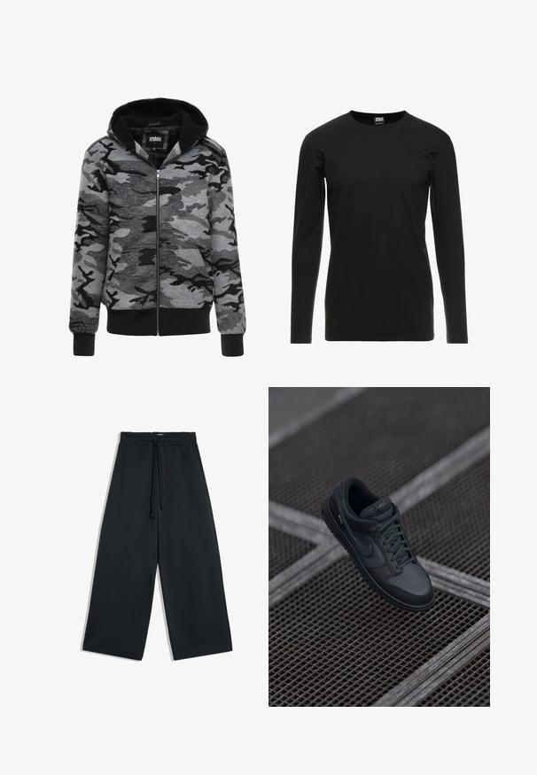Mikina s kapucňou na zips v šedom kamuflážnom vzore. Tkanina má jemnú textúru a čiernu fleecovú podšívku s rebrovanými manžetami.; Urban Classics STRETCH TERRY - Top s dlhým rukávom - black; Čierne široké nohavice s elastickým pásom a sťahovacou šnúrkou vpredu, zobrazené na bielom pozadí.; Čierne kožené tenisky Nike s zaoblenou špičkou, perforovaným predným dielom a textúrovanou gumovou podrážkou. Obsahujú šnúrky a jemné značenie.