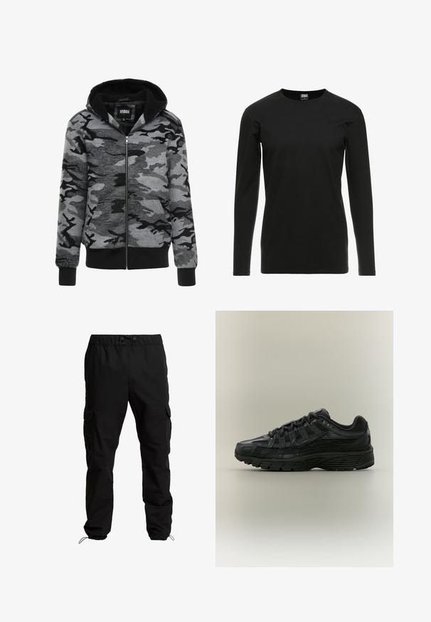 Hættetrøje med lynlås i grå camoufleret mønster. Stof har en blød tekstur med en sort fleeceforet inderside og ribbede manchetter.; Urban Classics STRETCH TERRY - Langærmet T-shirt - black; Sorte cargobukser lavet af slidstærkt stof, med elastisk talje, justerbare snore og sidelommer med klaplukninger.; Sort Nike løbesko med mesh og syntetisk overdel, snørelukning og tekstureret sål, vist fra venstre side på en ensfarvet baggrund.