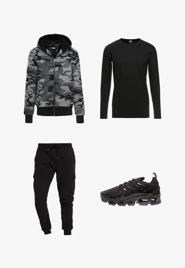 Hooded zip-up sweatshirt in grijs camouflagepatroon. De stof heeft een zachte textuur met een zwart fleece-voering aan de binnenkant en ribgebreide manchetten.; Urban Classics STRETCH TERRY - Longsleeve - black; Zwarte katoenen joggers met een taps toelopende pasvorm, een trekkoord in de taille en zij cargo pockets. Gladde textuur en elastische boorden bij de enkels.; Zwarte sportieve schoenen met een gestructureerde stoffen bovenkant, glanzende accenten en een opvallende luchtkussenzool. Bevat duidelijke golfachtige designelementen.