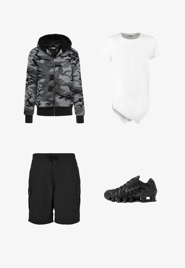 Hoodie mit Reißverschluss im grauen Camouflage-Muster. Der Stoff hat eine weiche Textur mit einem schwarzen Fleece-fütterten Innenbereich und gerippten Bündchen.; Kurzärmliges weißes T-Shirt mit Rundhalsausschnitt und asymmetrischem Saum, aus einem Baumwollmischgewebe mit glatter Textur.; Schwarze Cargoshorts mit elastischem Bund, verstellbarem Kordelzug und seitlichen Taschen mit Knöpfen.; Schwarze Sportschuhe aus Mesh- und synthetischen Materialien mit einem markanten wellenförmigen Design, schwarzer Gummisohle und reflektierenden Akzenten.