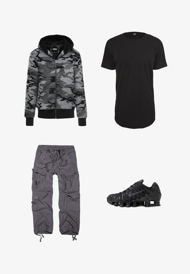 Hooded zip-up sweatshirt in grijs camouflagepatroon. De stof heeft een zachte textuur met een zwart fleece-voering aan de binnenkant en ribgebreide manchetten.; Zwart T-shirt met korte mouwen, gemaakt van katoen. Heeft een ronde hals en een rechte snit met een iets langere achterkant. Zachte textuur.; Grijze cargobroek met meerdere zakken, trekkoord in de taille, knoopsluiting, taps toelopende boorden en een gestructureerde stofafwerking.; Zwarte sportschoenen gemaakt van mesh en synthetische materialen, met een opvallend golvend ontwerp, zwarte rubberen zool en reflecterende accenten.