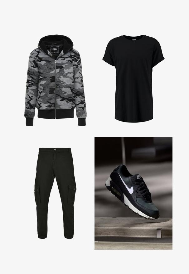 Hættetrøje med lynlås i grå camoufleret mønster. Stof har en blød tekstur med en sort fleeceforet inderside og ribbede manchetter.; Sort kortærmet t-shirt i en afslappet pasform. Fremstillet af blødt stof med rund halsudskæring og oprullede ærmer. Glat tekstur, uden mønstre.; Sorte cargo bukser lavet af en bomuldsblanding, med sidelommer, knaplukning foran og tapered bundmanchetter.; Sort og grå Nike Air Max sneaker med hvid swoosh, ophængt over en betongulv mod en sløret mørk baggrund.