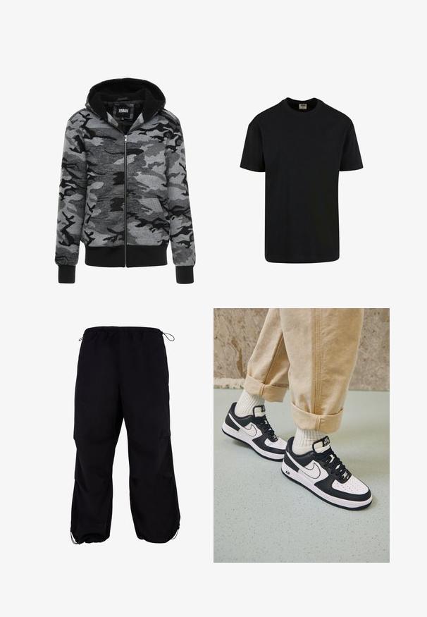 Hoodie mit Reißverschluss im grauen Camouflage-Muster. Der Stoff hat eine weiche Textur mit einem schwarzen Fleece-fütterten Innenbereich und gerippten Bündchen.; Urban Classics SHORTSLEEVE - T-Shirt basic - black; Schwarze, locker sitzende Cargo-Hosen mit elastischem Bund und verstellbarem Kordelzug. Mit Reißverschlusstaschen und Bündchen an den Knöcheln.; Schwarz-weiße Nike Air Force 1 Sneaker mit einem Obermaterial aus Leder, perforierter Zehenpartie und strukturiertem Sohlendesign, getragen mit aufgerollten beigen Hosen und weißen Socken.