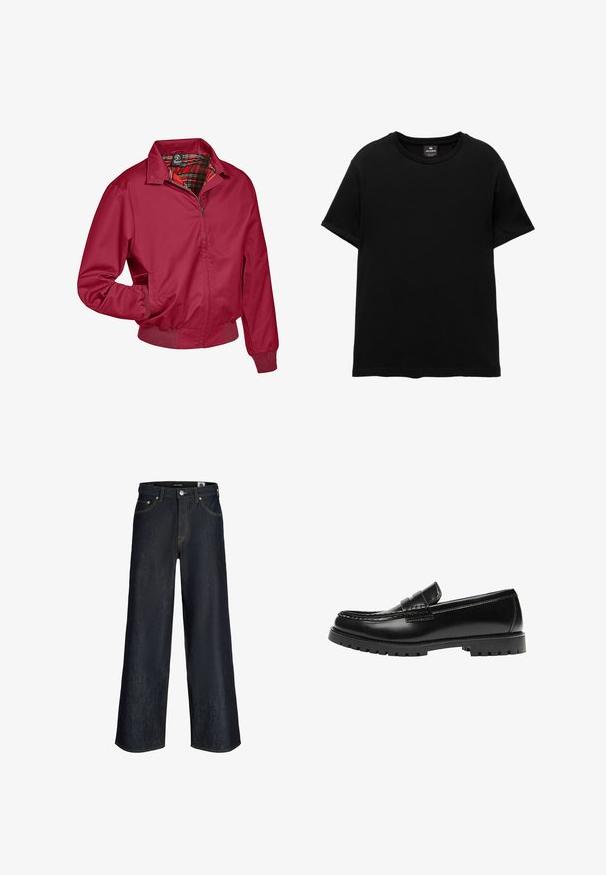 Veste zippée rouge avec un intérieur à carreaux. Présente un col, des poignets élastiques et des poches latérales. Fabriquée en tissu lisse et léger.; T-shirt noir à manches courtes avec col rond, étiquette Pull&Bear à l’intérieur du col, posé à plat sur un fond blanc.; Jean en denim bleu foncé à jambes larges avec bouton à l'avant, poches et coutures orange visibles sur fond blanc.; Mocassin en cuir noir avec une semelle en caoutchouc épaisse et un détail classique de bride à monnaie, vu de côté extérieur.