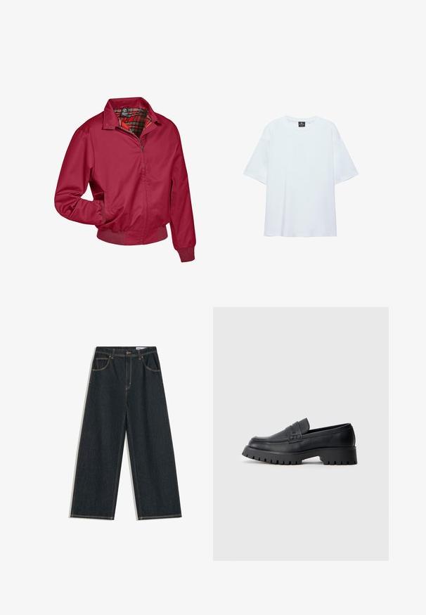 Veste zippée rouge avec un intérieur à carreaux. Présente un col, des poignets élastiques et des poches latérales. Fabriquée en tissu lisse et léger.; T-shirt blanc uni oversize à manches courtes avec col rond et étiquette noire à l'intérieur du col sur fond blanc.; Jean large bleu foncé avec bouton à l'avant, fermeture éclair, et design à cinq poches, avec des surpiqûres jaunes visibles.; Mocassins en cuir noir avec un bout arrondi, présentant une sangle décorative et une semelle en caoutchouc épaisse avec de profonds crampons pour une meilleure adhérence.