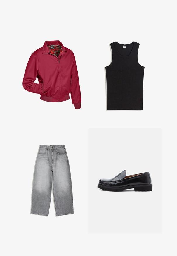Rote Zip-Jacke mit kariertem Innenfutter. Verfügt über einen Kragen, elastische Bündchen und Seitentaschen. Hergestellt aus einem glatten, leichten Stoff.; Schwarzes Baumwoll-Top mit Rundhalsausschnitt und ärmellosem Design. Glatte Textur ohne sichtbare Muster oder Akzente.; Hoch taillierte graue Jeans aus Denim mit weitem Bein, Vordertaschen und Knopfverschluss, flach auf weißem Hintergrund präsentiert.; Schwarze Leder-Penny-Loafer mit strapazierfähiger Gummisohle und Mokassin-Stich, seitlich auf einem weißen Hintergrund dargestellt.