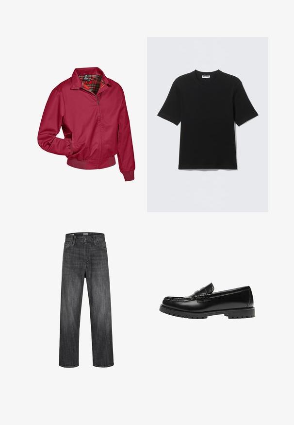 Rote Zip-Jacke mit kariertem Innenfutter. Verfügt über einen Kragen, elastische Bündchen und Seitentaschen. Hergestellt aus einem glatten, leichten Stoff.; Schwarzes T-Shirt mit kurzen Ärmeln und Rundhalsausschnitt, mit einem "WEEKDAY"-Etikett innen am Kragen, flach auf einem hellen Hintergrund liegend dargestellt.; Dunkelgraue Jeans aus Denim mit geradem Schnitt, ausgestattet mit einem Knopfleistenverschluss, Fünf-Taschen-Design und minimalem Ausbleichen entlang der Stoffstruktur.; Schwarzer Leder-Slipper mit dicker Gummisohle und klassischem Penny-Detail an der Riemen, von der Außenseite gezeigt.