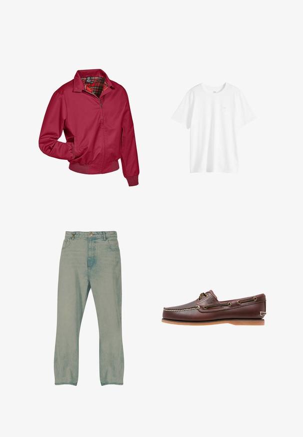 Rote Zip-Jacke mit kariertem Innenfutter. Verfügt über einen Kragen, elastische Bündchen und Seitentaschen. Hergestellt aus einem glatten, leichten Stoff.; Schlichtes weißes T-Shirt mit kurzen Ärmeln und Rundhalsausschnitt, mit einem kleinen Logo auf der linken Brustseite, auf weißem Hintergrund dargestellt.; Hellblaue Jeans mit geradem Bein, auf der Vorderseite mit Knöpfen, Gürtelschlaufen und vorderen Taschen, vor weißem Hintergrund präsentiert.; Brauner Leder-Bootsschuh mit weißen Nähten, Schnürdetails und hellbrauner Gummisohle, seitlich auf weißem Hintergrund gezeigt.