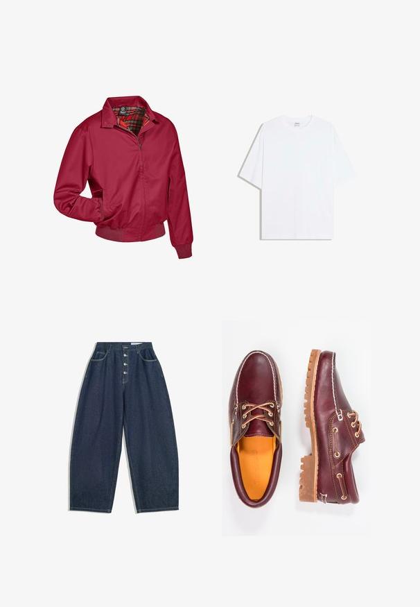 Rød zip-jakke med et ternet interiør. Har krave, elastiske manchetter og sidelommer. Lavet af glat, letvægtsstof.; Hvid oversized bomulds t-shirt med rund hals og korte ærmer; glat tekstur, uden synlige mønstre eller accenter.; Mørkeblå denim bukser med brede ben og høj talje, fem knaplukninger og fem lommer. Har stikninger som accent på sømmene.; Bordeaux lædersko med brune gummisåler, rund tå, hvid syning og gyldne snøringer. Indersiden har et gult for.