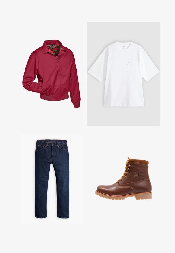 Chaqueta roja con cremallera y forro de cuadros. Cuenta con un cuello, puños elásticos y bolsillos laterales. Fabricada con una tela suave y ligera.; Camiseta blanca de algodón con mangas cortas, cuello redondo y bolsillo en el pecho izquierdo. Presenta una pequeña etiqueta con logo rojo en el bolsillo.; Persona que lleva vaqueros rectos azul oscuro, zapatillas blancas y una sudadera verde oliva, con las manos en los bolsillos, de pie frente a un fondo gris.; Botín de piel marrón con un cuello de ante color tostado, ojetes de metal, cordones redondos y una suela resistente. Presenta un logo en relieve en el lateral.