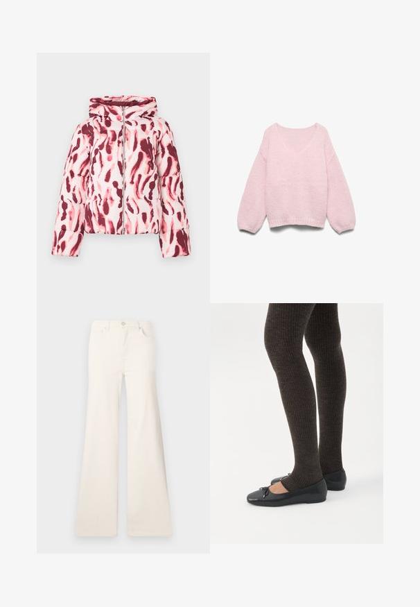 Polstret jakke med et pink og burgundermønster i abstrakt design, der har hætte og lynlås foran, lavet af et glat, let stof.; Lyserød strikket sweater med lange ballonærmer og bred, rund halsudskæring, vist fladt på en hvid baggrund.; ONLY Wide-fit ONLMADISON High waist Wide Leg Fit - Wide leg - ecru; Ben iført mørke ribbede leggings kombineret med sorte balletsko med små sløjfedetaljer på hvid baggrund.