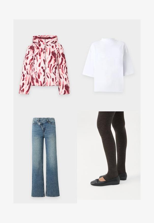 Polstret jakke med et pink og burgundermønster i abstrakt design, der har hætte og lynlås foran, lavet af et glat, let stof.; Hvid bomulds t-shirt med korte ærmer, høj, rund hals og løs pasform. Glat tekstur uden synlige mønstre eller detaljer.; Lyseblå denim jeans med vide ben og høj talje, let falmet effekt og knaplukning foran. Har fem lommer og minimal syning.; Ben iført mørke ribbede leggings kombineret med sorte balletsko med små sløjfedetaljer på hvid baggrund.