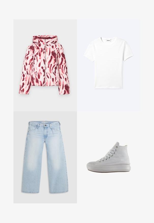 Polstret jakke med et pink og burgundermønster i abstrakt design, der har hætte og lynlås foran, lavet af et glat, let stof.; Ensfarvet hvid t-shirt med korte ærmer og rund halsudskæring med en lille "WEEKDAY" label indeni halskanten, vist fladt på en lys baggrund.; Lyseblå vid nederdel jeans lavet af denim. Har lige snit, fem lommers design og knaplukning i taljen.; Hvid højt canvas sneaksko med hvide snørebånd, metaløjer, tyk gummisål og tekstureret tåhætte, vendt mod venstre på en hvid baggrund.