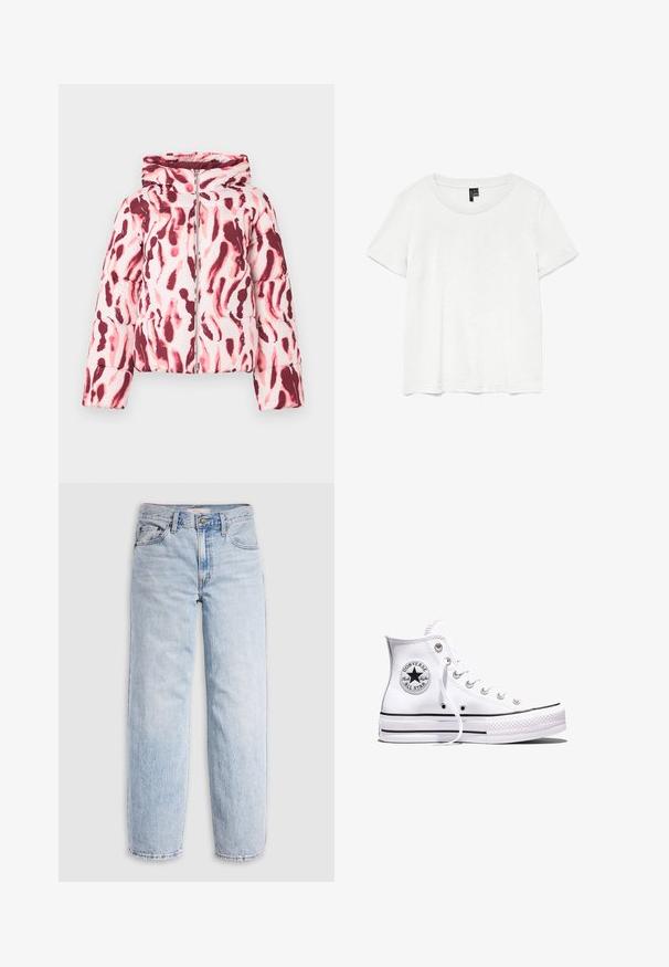 Polstret jakke med et pink og burgundermønster i abstrakt design, der har hætte og lynlås foran, lavet af et glat, let stof.; Hvid kortærmet t-shirt med rund halsudskæring, lavet af letvægtsstof. Enkel design, glat tekstur og lige kant.; Lyseblå denimjeans med høj talje, afslappet pasform, lige ben og et klassisk design med fem lommer. Synlige falmede detaljer og syninger.; Hvid Converse Chuck Taylor All Star højt snøresko med sorte striber og logoemblem på siden, vist mod en ensfarvet hvid baggrund.