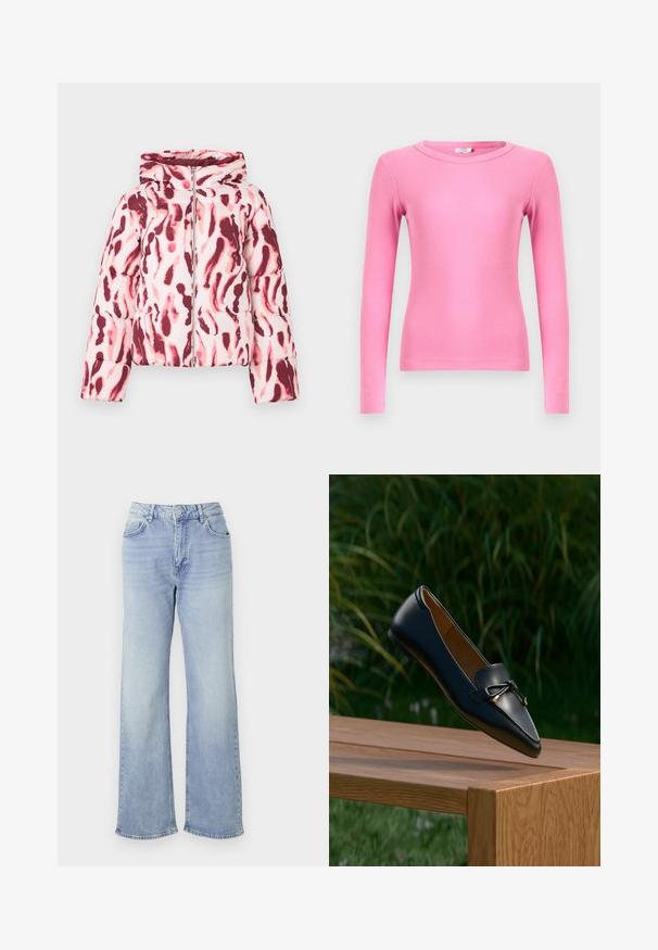 Polstret jakke med et pink og burgundermønster i abstrakt design, der har hætte og lynlås foran, lavet af et glat, let stof.; Langærmet tætsiddende top i levende pink ribstrikket stof med rund halsudskæring og sømløse manchetter for en glat finish.; Lyseblå vide jeans lavet af denim, med høj talje, fem lommer og en kant med subtilt slid.; Sort læderloafer med detaljeret sløjfe, der svæver over en træbænk med grøn græs og planter i baggrunden.