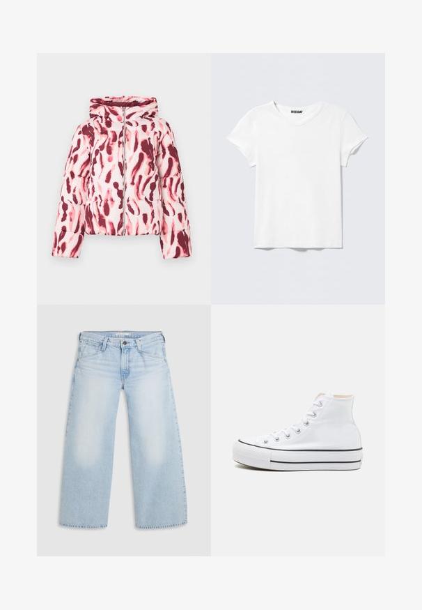 Polstret jakke med et pink og burgundermønster i abstrakt design, der har hætte og lynlås foran, lavet af et glat, let stof.; Enkelt hvid T-shirt med korte ærmer og V-hals, med et lille "WEEKDAY" mærke indeni kraven, vist mod en lysegrå baggrund.; Lyseblå vid nederdel jeans lavet af denim. Har lige snit, fem lommers design og knaplukning i taljen.; Hvide høj-top sneakers lavet af kanvasmateriale, sort gummisål og kontrasterende sort stribe på mellemsålen. Rund tåhætte og snørebåndsdesign.