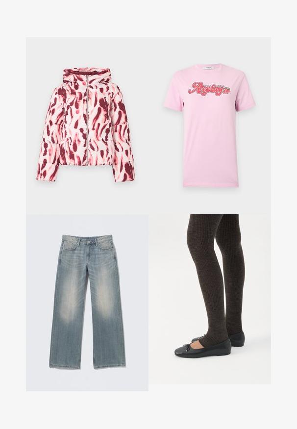 Polstret jakke med et pink og burgundermønster i abstrakt design, der har hætte og lynlås foran, lavet af et glat, let stof.; Lys lyserød T-shirt med korte ærmer, med teksten "Hot & Sweet Replay" og to jordbærgrafikker centreret på brystet.; Lyseblå jeans med vide ben og falmet finish, lavet af denim. Har bæltestropper, forlommer og lynlås med knaplukning.; Ben iført mørke ribbede leggings kombineret med sorte balletsko med små sløjfedetaljer på hvid baggrund.