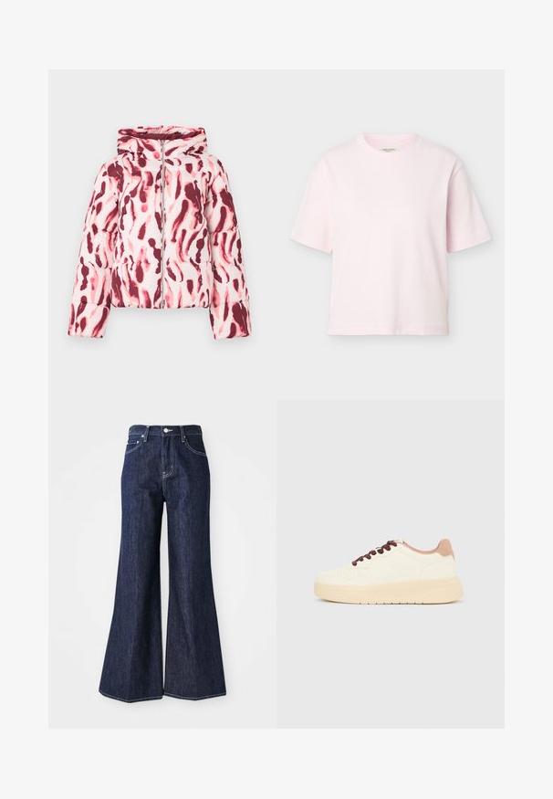 Polstret jakke med et pink og burgundermønster i abstrakt design, der har hætte og lynlås foran, lavet af et glat, let stof.; Lyserød kortærmet T-shirt med rund hals og løs pasform vist mod en ensfarvet lysegrå baggrund.; Mørke denim flared jeans med høj talje, der har knap- og lynlåslukning. Hvide syninger og brede ben skaber en struktureret silhuet.; Beige lavt skindesko med tyk sål, perforeret tå, lyserød hælkant og mørkebrune snørebånd på ensfarvet lysegrå baggrund.