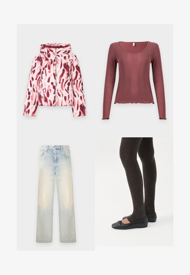 Polstret jakke med et pink og burgundermønster i abstrakt design, der har hætte og lynlås foran, lavet af et glat, let stof.; Langærmet top i støvet rosa med ribbet tekstur, rundudskæring, bølget kant forneden og ved manchetten, lavet af blødt strikmateriale.; Lyst vævet denim bredbenede jeans med en falmet finish, fem lommer og en klassisk knaplukning. Blød tekstur og løs pasform.; Ben iført mørke ribbede leggings kombineret med sorte balletsko med små sløjfedetaljer på hvid baggrund.