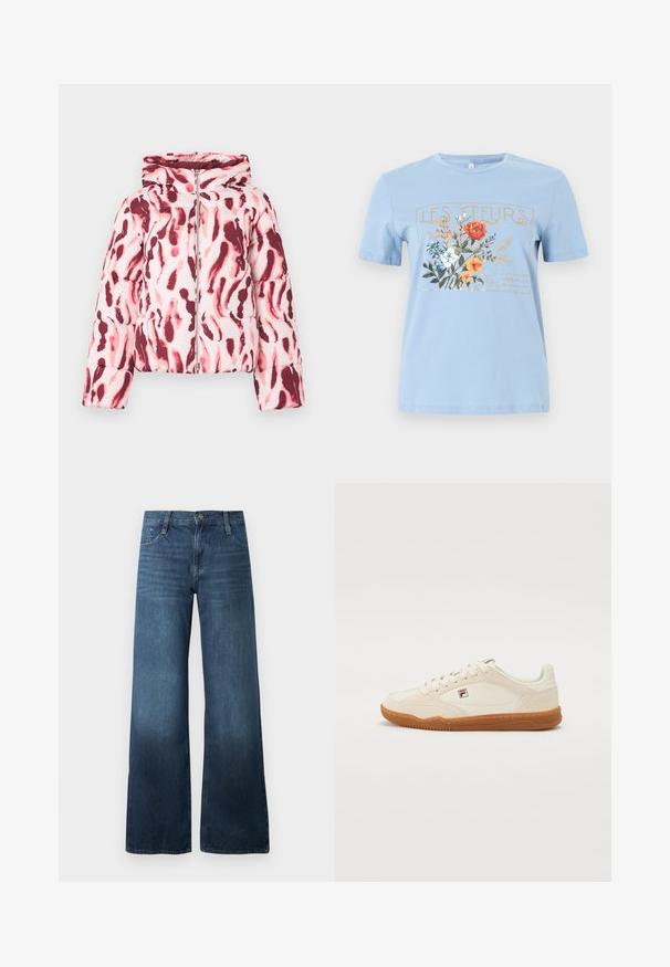 Polstret jakke med et pink og burgundermønster i abstrakt design, der har hætte og lynlås foran, lavet af et glat, let stof.; Lyseblå kortærmet t-shirt med et blomsterprint og teksten "LES FLEURS" i guld over orange, hvide og blå blomster.; Mørkeblå bredbenede jeans lavet af denim, med høj talje, fem-lommer design og diskret falmning ved kanten. Standard knaplukning.; Hvide sneakers med en ruskindsoverflade, gummisål og syede detaljer. Har snørebåndsdesign og et lille logo på siden.
