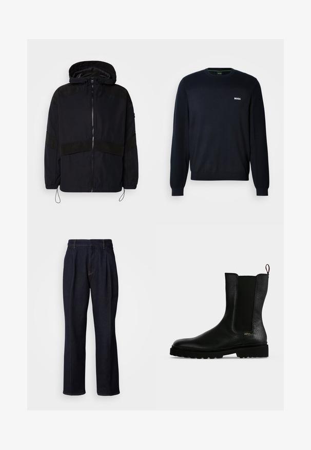 Veste noire avec capuche, dotée d'une fermeture éclair et de textures mates contrastées sur les épaules et la poitrine. Cordon de serrage ajustable à l'ourlet.; Pull en maille bleu marine à manches longues avec col rond, équipé de poignets et d'un ourlet côtelés, arborant un petit logo blanc "BOSS" sur la poitrine gauche.; Jean en denim large à jambes bleues foncées avec des plis devant et des coutures orange, présenté sur fond blanc.; Bottine en cuir noir avec un panneau latéral élastique, une semelle épaisse et une languette à l’arrière, featuring un petit logo doré "Hugo" près du talon.