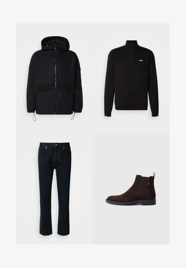 Mustahari musta na mweusi iliyo na kofia, yenye kufungwa kwa zipper na textures tofauti za matte kwenye mabega na kifua. Mshipa wa kurekebisha chini.; Mustassa puolivetoketjupuserossa on pehmeä neulekangas. Siinä on korkea kaulus, pitkät hihat ja valkoinen BOSS-logo rinnassa.; HUGO JONAH - Straight leg -farkut - dark blue; Tummanruskea mokkajalkine, jossa on joustavat sivupaneelit, pyöreä kärki ja musta kumipohja. Varustettu vetoketjulla, joka helpottaa pukemista.