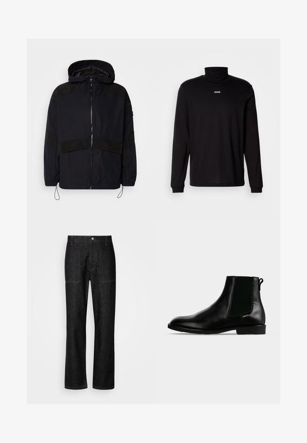 Veste noire avec capuche, dotée d'une fermeture éclair et de textures mates contrastées sur les épaules et la poitrine. Cordon de serrage ajustable à l'ourlet.; T-shirt à col roulé noir à manches longues en tissu lisse, avec un logo "HUGO" blanc sur la poitrine, doté de poignets et d'un ourlet ajustés.; Pantalons en denim noir avec une coupe droite, des coutures visibles et une fermeture à bouton sur le devant. Comprend deux poches latérales et deux poches arrière.; Bottine en cuir noir avec panneau latéral élastique, talon bas, languette à l'arrière et petit logo doré "HUGO" sur le côté extérieur.