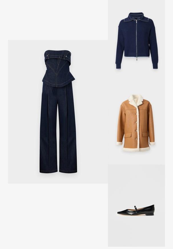 Tan faux læderjakke med cremet sherpa-fôr, krave, manchetter og kant, med knapper foran og to klaplommer.; Mørkeblå denim stropløs jumpsuit med struktureret top og vidde bukser, med kontrastsyninger og bælte-detaljer ved brystet.; Mørkeblå, ribstrikket trøje med lynlås, stor krave, sølvfarvede metaldele og kontrasterende lysekanter ved kant og ærmer.; Sorte patenterede læder Mary Jane flade sko med spids tå, én rem og lav hæl på ensfarvet baggrund.
