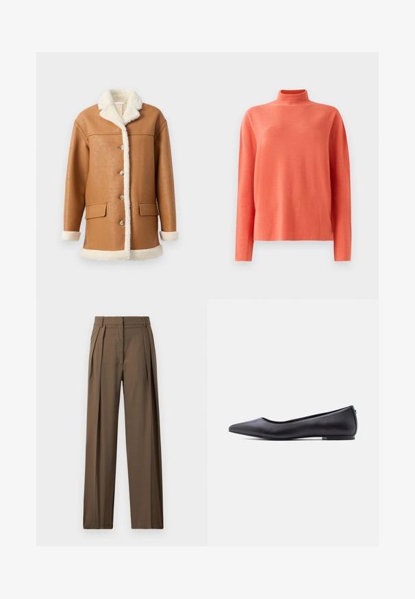 Tan faux læderjakke med cremet sherpa-fôr, krave, manchetter og kant, med knapper foran og to klaplommer.; Koral langærmet strikket sweater med høj krave og afslappet pasform, vist på en hvid baggrund.; Brune, brede bukser lavet af et glat stof, med forfald og en skræddersyet talje for et struktureret look.; Sort flad lædersko med spidst tåparti og lav hæl, vist i sideprofil mod en hvid baggrund.