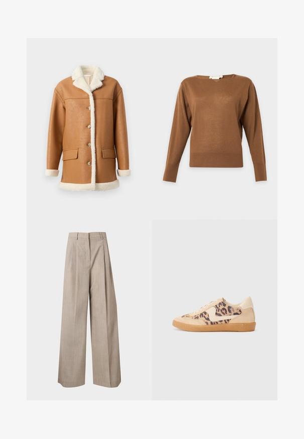 Tan-farbenem Kunstledermantel mit einer cremefarbenen Sherpa-Polsterung, Kragen, Bündchen und Saum, ausgestattet mit vorderen Knöpfen und zwei Klappentaschen.; Brauner Langarm-Pullover mit Rundhalsausschnitt, einfachem, figurbetontem Design und gerippten Bündchen und Saum, dargestellt auf neutralem Hintergrund.; Beige weite Hose mit hoher Taille, Gürtelschlaufen, Seitentaschen und vorderen Falten, auf einem schlichten hellen Hintergrund gezeigt.; Löwenmuster-Sneaker mit beige Wildleder-Obermaterial, tanfarbener Gummisohle und weißen Akzenten. Runde Zehenform und Schnürdesign mit strukturiertem Finish.