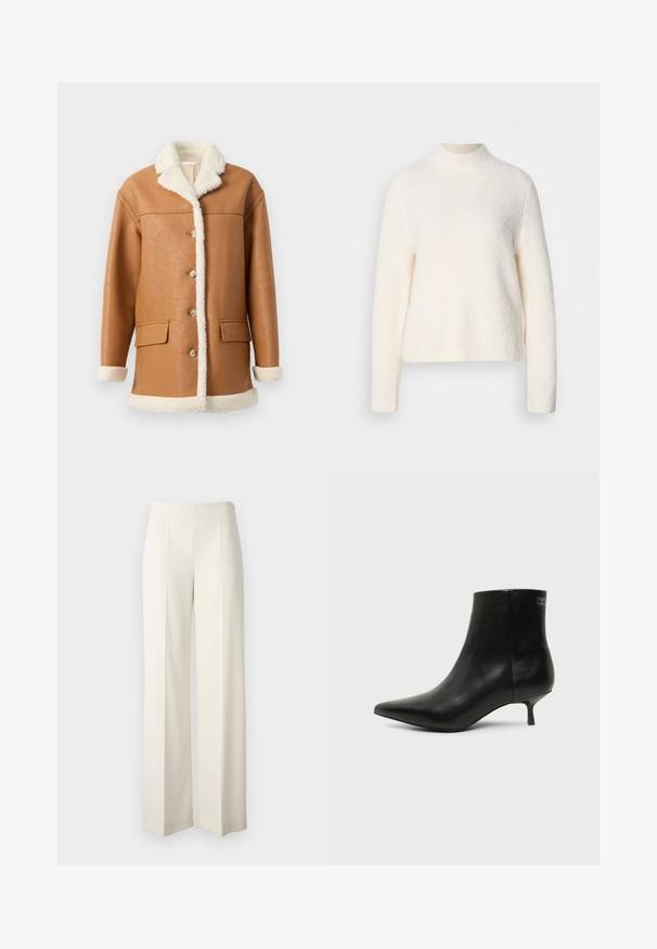 Tan faux leren jas met crèmekleurige sherpa voering, kraag, manchetten en zoom, voorzien van knopen aan de voorkant en twee klepzakken.; Crème kleurige trui met een hoge hals, lange mouwen en een gestructureerde, zachte afwerking. Heeft een licht verkorte zoom.; Witte wijde broekspijpen gemaakt van een soepel materiaal met voorplooien. Ontworpen met een hoge tailleband en een nette afwerking.; Zwart leren enkellaars met puntige neus en lage kittenhak op lichte achtergrond, zijaanzicht buitenkant.