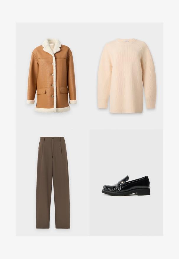 Manteau en simili cuir tan avec doublure en sherpa crème, col, poignets et ourlet, comportant des boutons sur le devant et deux poches à rabat.; Pull en maille côtelée de couleur crème avec manches longues et col rond sur un fond gris clair.; Pantalon marron à jambes larges en tissu lisse, avec deux plis, une fermeture à un bouton et des poches standards.; Mocassins en cuir verni noir avec un bord froncé décoratif, semelle en caoutchouc plate et un petit logo métallique sur la sangle.